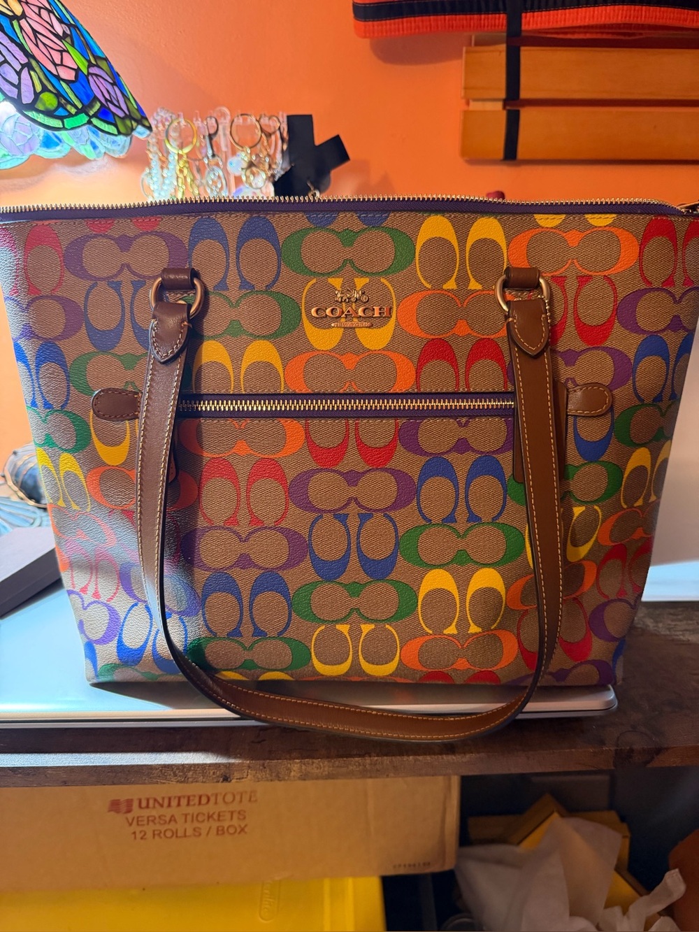 Coach Rainbow Signature Canvas Tote - Brown Trim with Multicolor Print